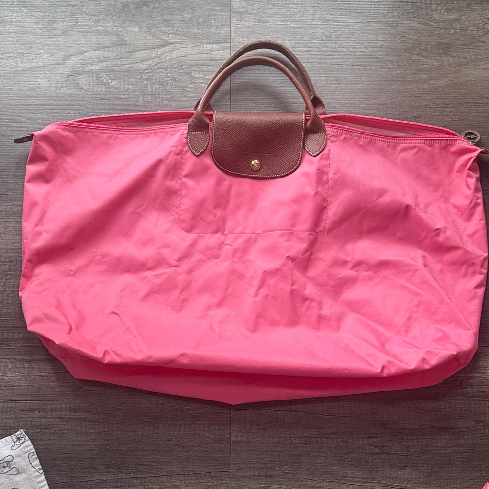 Longchamp Le Pliage XL Travel Tote Hot Pink Nylon Leather Trim Vintage
